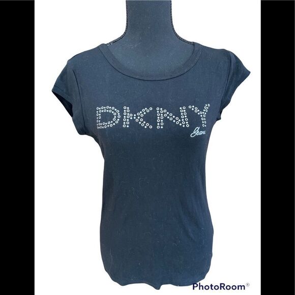 New with tags DKNY black cotton tee logo front done with crystal and grommets, S - Picture 1 of 7